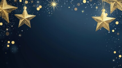 Obraz premium Gold star ornaments on dark blue background with glitter and bokeh, festive design.
