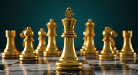 Golden Chess Pieces on a Marble Board, A Game of Strategy and Power