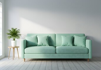 Elegant Mint Green Sofa in a Minimalist Living Room with Natural Light