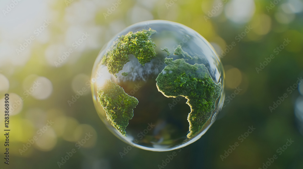 Poster green vegetation encasing translucent globe, hovering against soft verdant backdrop, representing gl