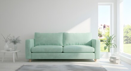 Fototapeta premium Bright Interior with Mint Sofa and Natural Light for Home Decor Concepts