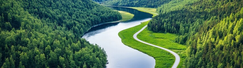 Serene Aerial View of Twisting River in Lush Green Forest Landscape