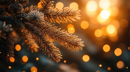 Winter Christmas tree branch, sunrise glow bokeh