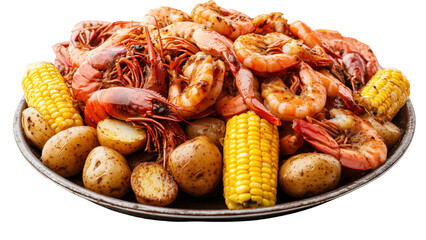 A platter of seafood boil with shrimp, corn on the cob, and potatoes 
