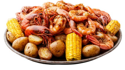 A platter of seafood boil with shrimp, corn on the cob, and potatoes 
