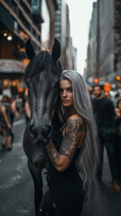 Freckled gray haired woman with her horse