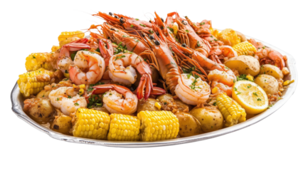 A platter of seafood boil with shrimp, corn on the cob, and potatoes 