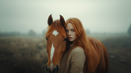 Obraz premium Freckled gray haired woman with her horse