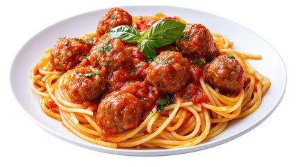 A plate of spaghetti with meatballs covered in marinara sauce 