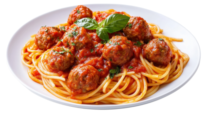 A plate of spaghetti with meatballs covered in marinara sauce 