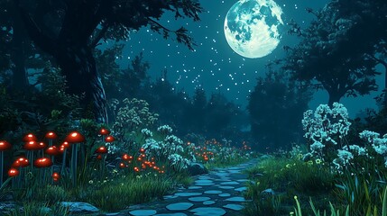 Fototapeta premium Enchanted Forest Path at Night: A 3D Render of a Moonlit Landscape AI Generated