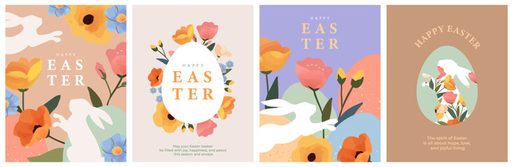 Happy Easter Set of greeting cards, posters, holiday covers. Trendy design with typography, spring hand drawn flowers, dots, eggs and bunny in pastel colors. Modern art minimalist style.
