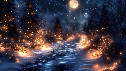 Winter fairy tale path, glowing trees, snowy night
