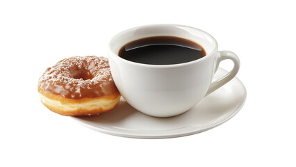 A cup of black coffee with a side of glazed donut 