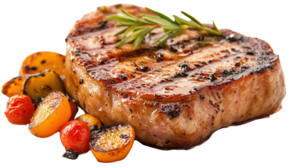 A thick-cut pork chop with a side of roasted vegetables 