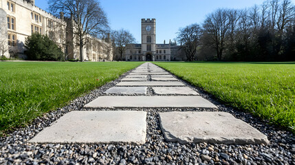 Stone path leads to college quadrangle, sunny day