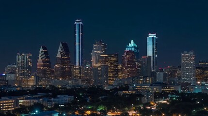 Nightfall over Austin, Texas: A breathtaking panorama of the city skyline illuminated at night, showcasing its modern architecture and vibrant energy.