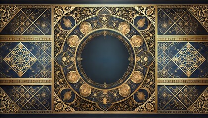 Dark blue and gold Eid frame with intricate Arabic patterns decorating only the borders, leaving an expansive and clear space in the center for personalized use