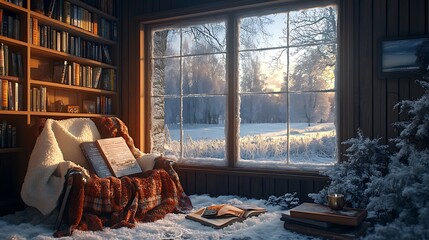 A warm and inviting cottage living room with a reading nook by a frosted window, showcasing a snowy meadow, layered blankets and books on the chair, soft diffused light spilling into the room,