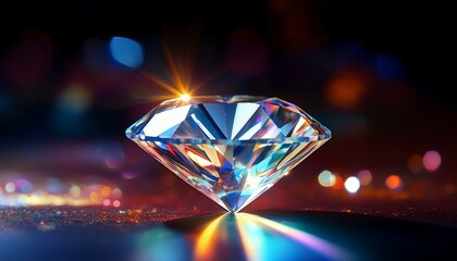 Macro shot of a diamond reflecting a spectrum of light, with its facets shining brilliantly, showcasing its sparkle and intricate cuts.