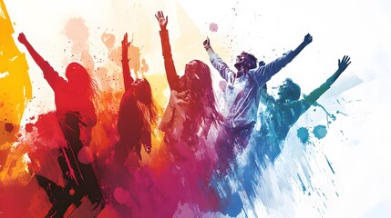 Vibrant group celebration, diverse individuals joyfully cheering together, colorful abstract background, perfect for event promotion.