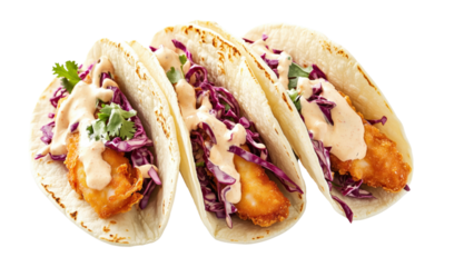 A serving of crispy fish tacos with cabbage slaw and creamy sauce 