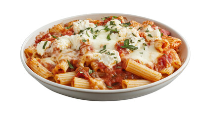 A serving of baked ziti layered with ricotta, mozzarella, and marinara sauce