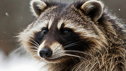 Fototapeta premium The Curious Gaze of a Raccoon: An up-close portrait captures the intelligent eyes and distinctive features of a raccoon, its masked face peering out from a snowy backdrop.