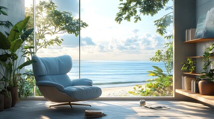 A bright and airy coastal lounge with a cozy reading nook, a soft blue armchair, and a seamless glass wall overlooking a peaceful beachfront, soft sunlight creating gentle shadows, photorealistic,