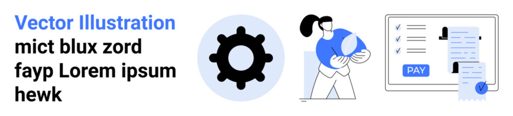 Gear symbolizing system mechanics, character holding sphere for teamwork, documents with payment option. Ideal for productivity, management, technology, teamwork, automation, online transactions