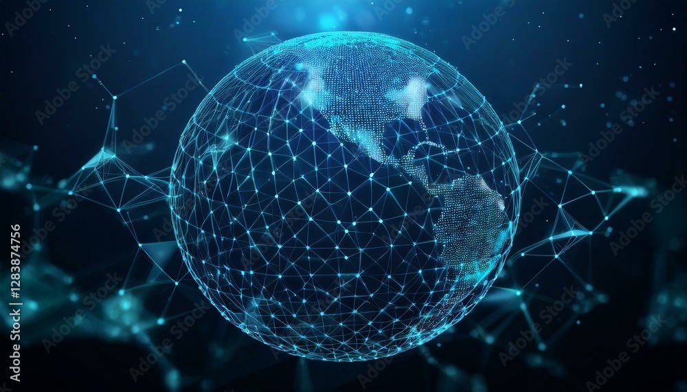 Poster Global network. Polygonal mesh with bokeh effect. Generated image