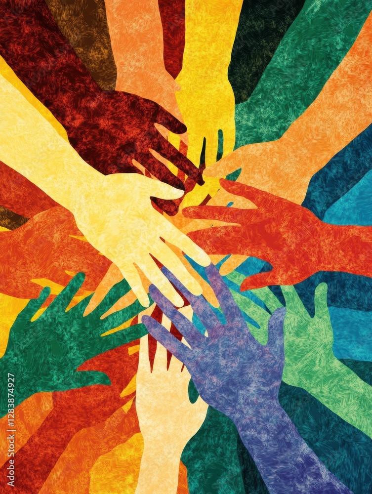 Aufkleber Hands of unity connecting in harmony and support among diverse communities celebrating together. Generative AI