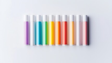 Obraz premium Colorful Lip Balms Arranged in a Row on a Clean White Background for Beauty and Cosmetic Themes