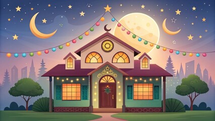 A home decorated with crescent moons and stars, symbolizing Eid celebrations