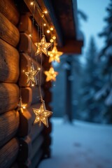 Fototapeta premium A string of golden star-shaped ornaments hanging from a wooden beam, wintery nights, wooden beams, cabin life