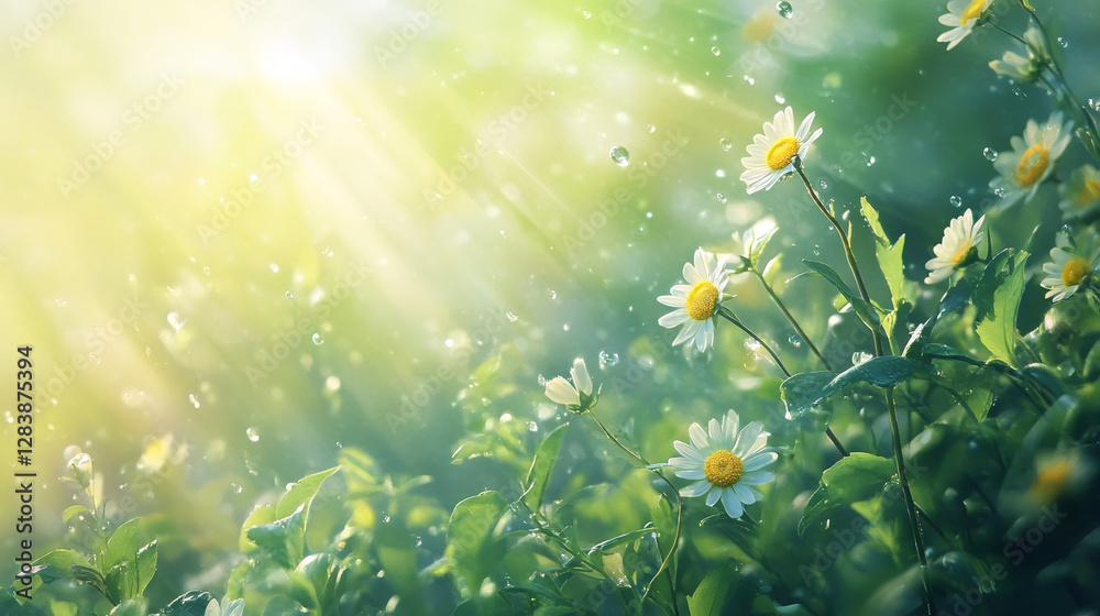 Poster beautiful daisies getting wet under the summer rain with sun rays illuminating them, creating a magi