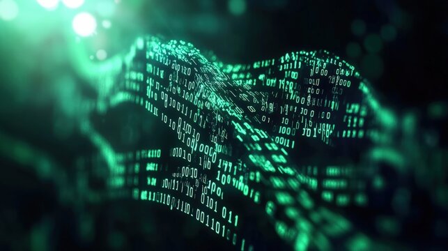 Green heart shape created from binary code representing technology and digital data in cyberspace environment
