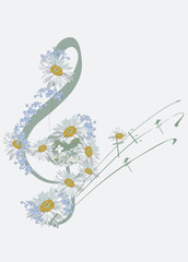 Abstract treble clef decorated with spring and summer flowers, daisies, notes. Hand drawn vector musical illustration.
