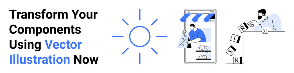 Sun icon, person assembling online store, individual arranging blocks labeled risk. Ideal for innovation, e-commerce, risk management, creativity, strategy, start-up planning flat landing page