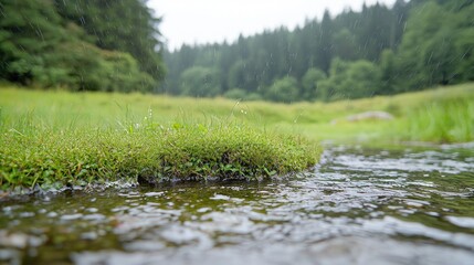 Fototapeta premium Clear water flows through a lush green grassy meadow with a dense pine forest in the background.