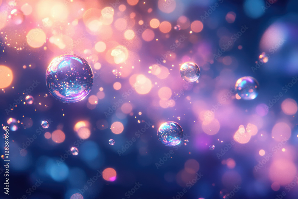 Poster floating iridescent bubbles in a dreamy, bokeh-filled background of pink and purple hues.