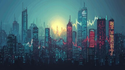 Fototapeta premium Futuristic Cityscape at Dawn Stock Market Candlestick Chart Overlay on Illuminated Buildings
