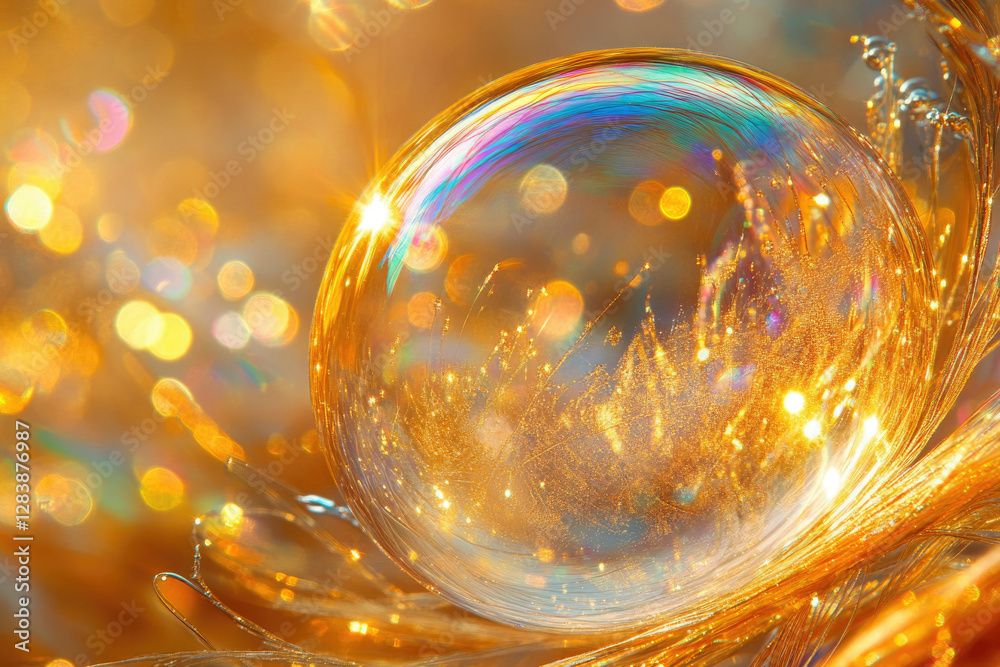 Poster a shimmering soap bubble reflects golden light and bokeh, creating a magical, ethereal scene.