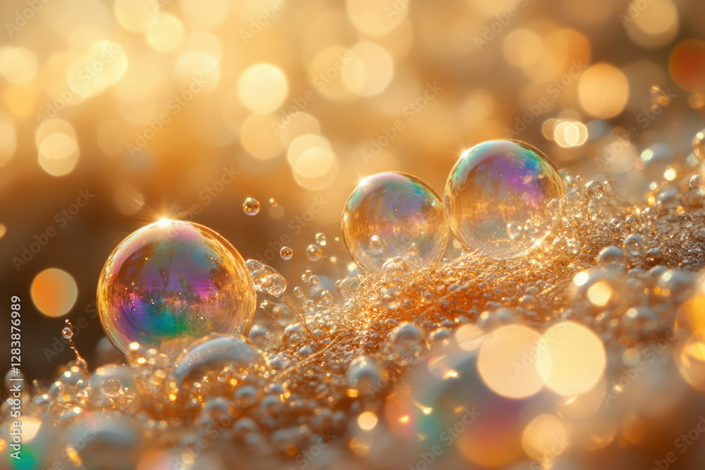 Poster three iridescent soap bubbles rest on a golden, sunlit surface, creating a magical, dreamy scene.