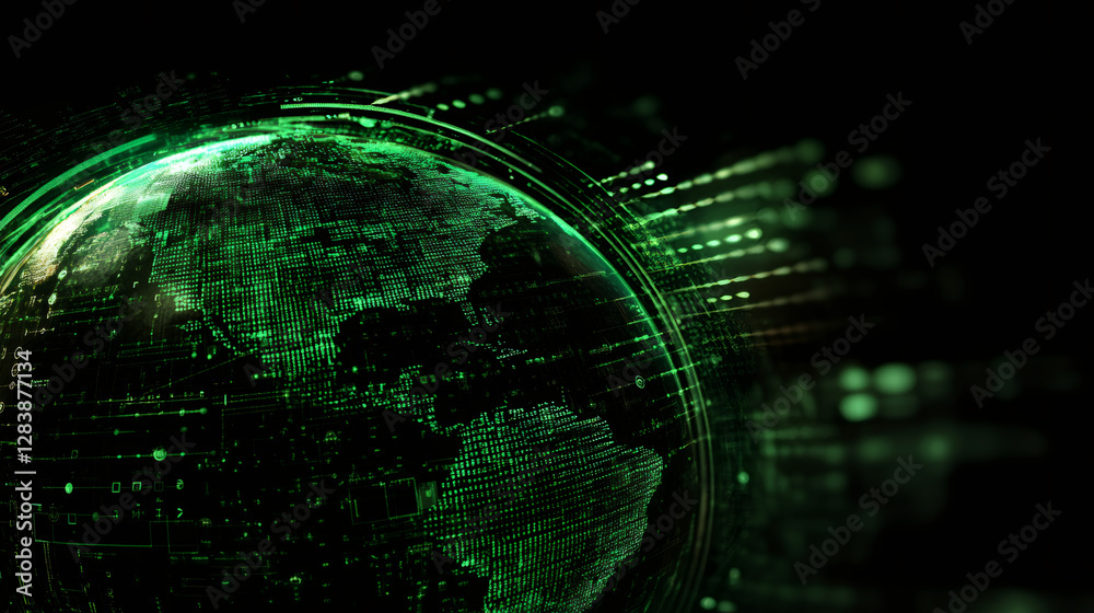 Aufkleber Green globe rotating and generating binary code on black background, concept of global digital network and communications