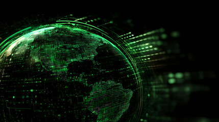 Green globe rotating and generating binary code on black background, concept of global digital network and communications