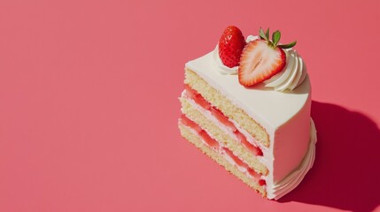 Strawberry Cake Slice: A Delectable Dessert on a Pink Background