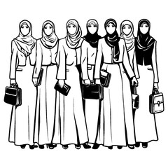 Sketch silhouettes of professional Muslim women in hijabs and business attire with briefcases, symbolizing empowerment, success, and diversity.