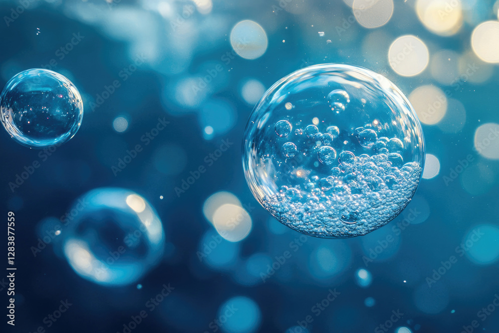 Poster Close-up of a large bubble with smaller bubbles inside, floating in a blue liquid.