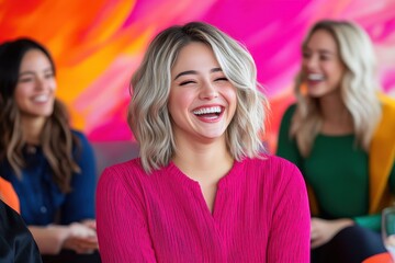 Obraz premium Joyful Moments Among Friends Sharing Laughter in a Colorful Setting